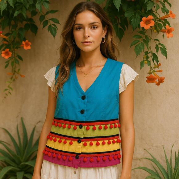 Vtg 90s Sharon Young Pom Pom Womens Vest 12 Linen Colorblock Boho Festival Artsy - Picture 1 of 11